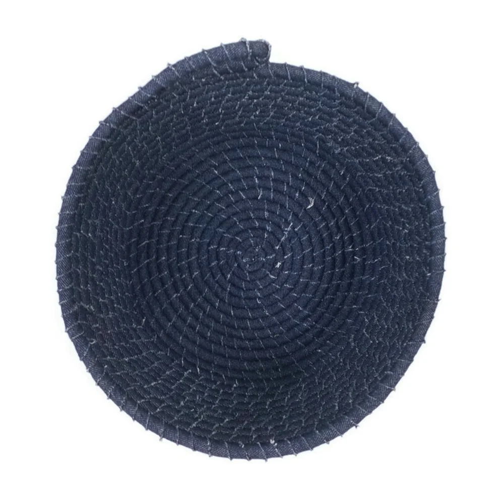 Handmade Upcycled Denim Coiled Rope Bowl Dark Wash Storage Basket Medium